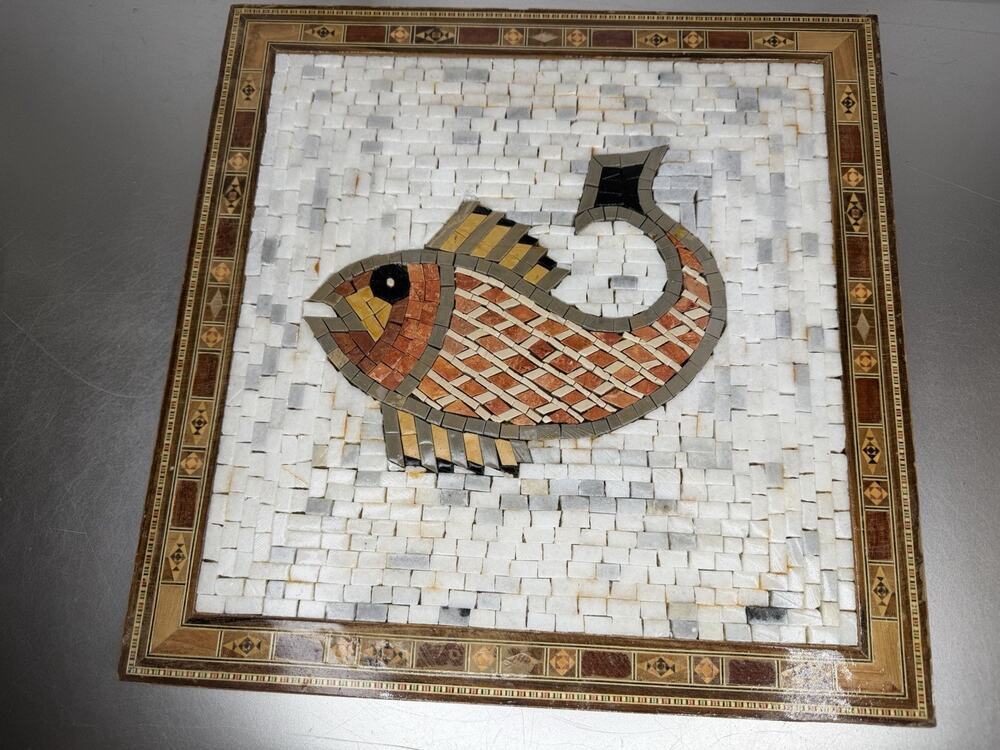 Vintage Fish Marble Stone Mosaic Large Art Wood Backing Handmade 14 X 14in